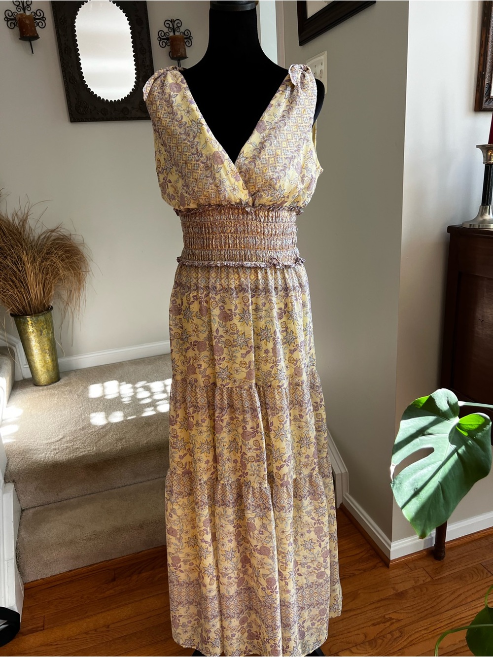 Taylor Yellow Floral V-Neck Smocked Waist Tiered Maxi Dress